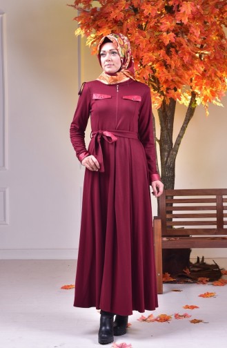 Abaya Col Officier Détail Cuir 0485-01 Bordeaux 0485-01