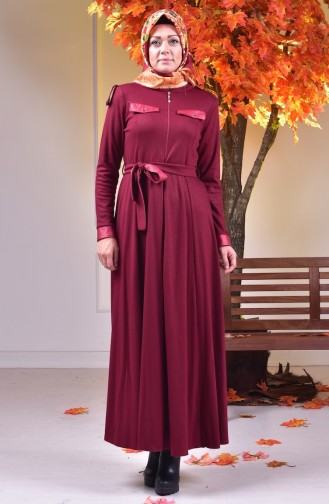 Abaya Col Officier Détail Cuir 0485-01 Bordeaux 0485-01