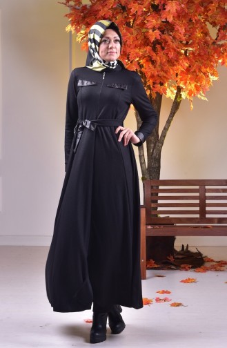 Abaya Col Officier Détail Cuir 0485-03 Noir 0485-03