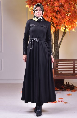 Abaya Col Officier Détail Cuir 0485-03 Noir 0485-03