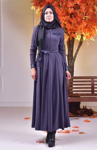 Abaya Col Officier Détail Cuir 0485-04 Pourpre 0485-04