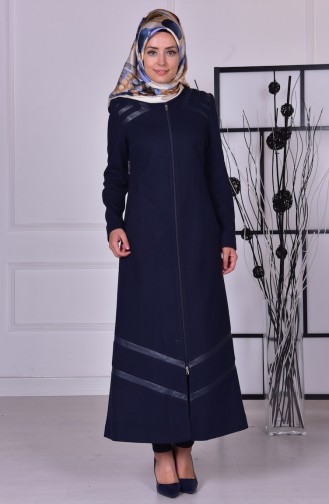 SUKRAN Leather Detailed Felt Long Coat 35725-01 Navy Blue 35725-01