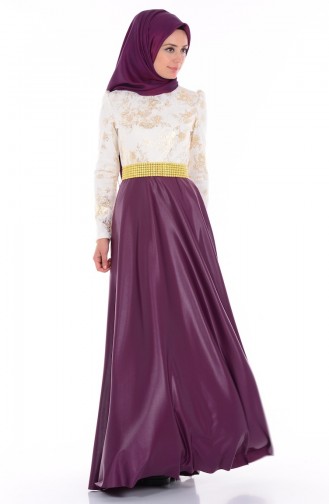 Plum Hijab Evening Dress 1076-04