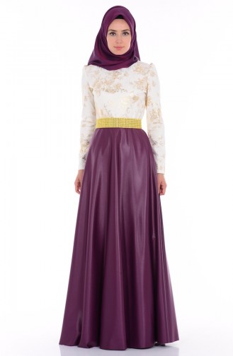 Plum Hijab Evening Dress 1076-04
