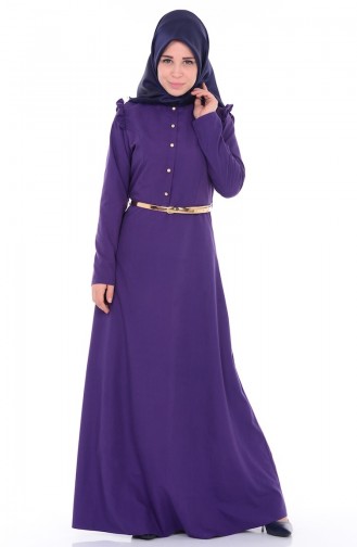 Fırfırlı Kemerli Elbise 5501-01 Mor