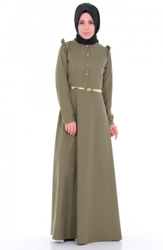 Fırfırlı Kemerli Elbise 5501-03 Haki Yeşil