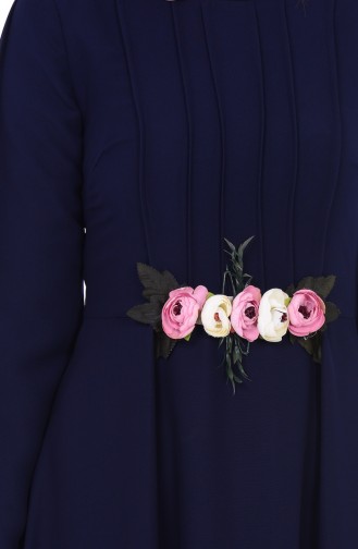 Çiçek Detaylı Elbise 1156-02 Lacivert