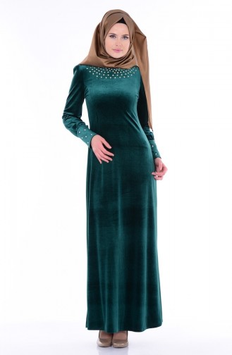 Kol Detaylı Kadife Elbise 2703-03 Yeşil