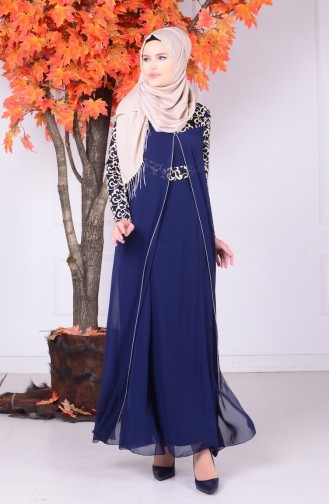 Navy Blue Hijab Evening Dress 4093-02