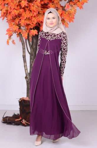 Plum Hijab Evening Dress 4093-03
