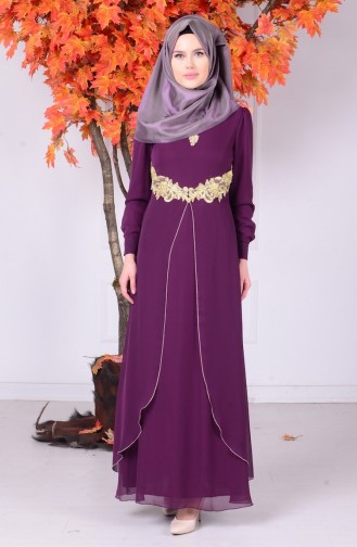 Plum Hijab Evening Dress 4095-03