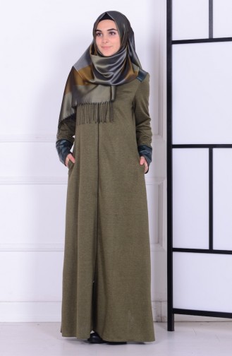 Abaya Détail Cuir 0416K-05 Vert Khaki 0416K-05