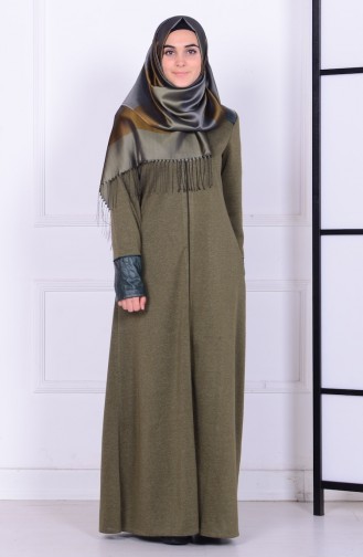 Abaya Détail Cuir 0416K-05 Vert Khaki 0416K-05