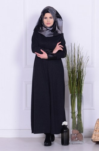 Abaya mit Leder Detail 0416K-04 Schwarz 0416K-04