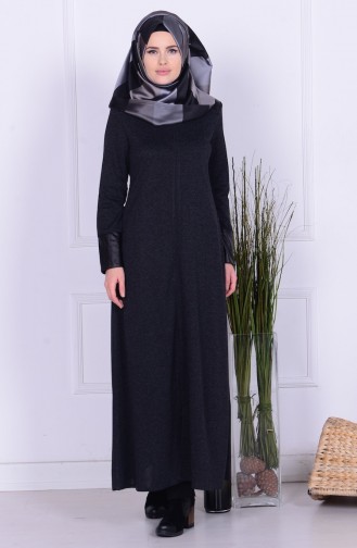 Abaya mit Leder Detail 0416K-04 Schwarz 0416K-04