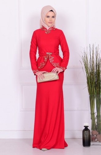 Red Hijab Evening Dress 5703-01