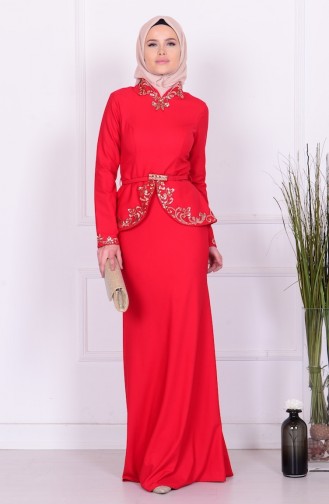 Red Hijab Evening Dress 5703-01