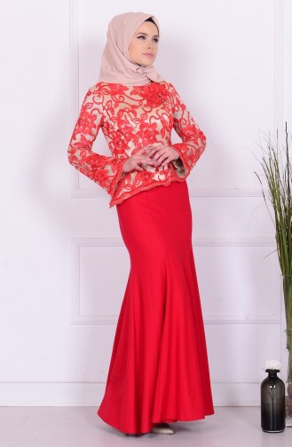 Red Hijab Evening Dress 5710-02