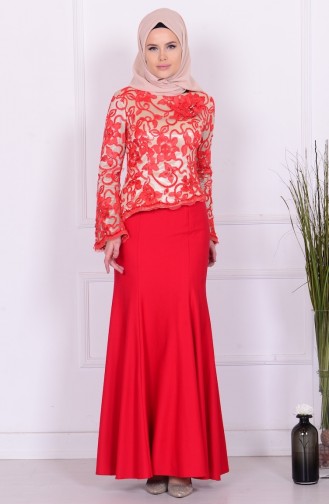 Red Hijab Evening Dress 5710-02