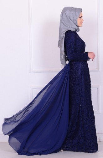 Navy Blue Hijab Evening Dress 6114-03