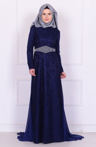 Navy Blue Hijab Evening Dress 6114-03