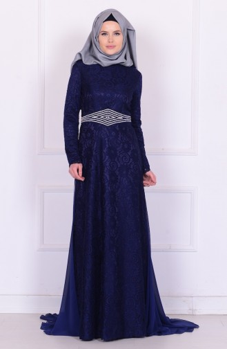 Navy Blue İslamitische Avondjurk 6114-03