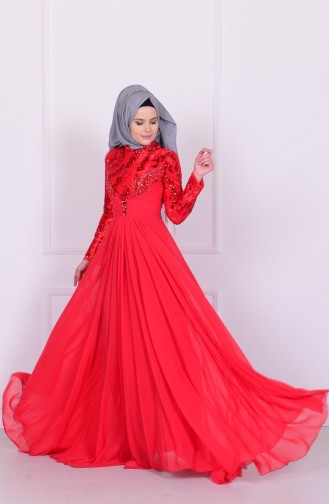 Boncuk İşlemeli Şifon Abiye Elbise 6202-01 Kırmızı