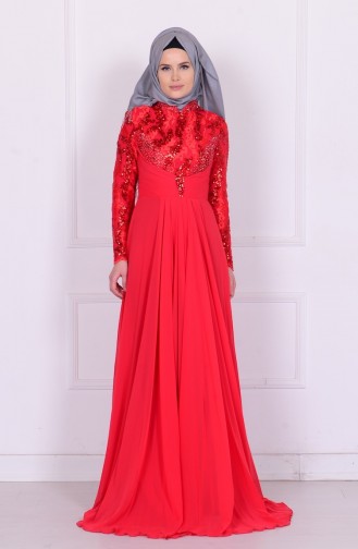 Robe de Soirée Mousseline Bordée de Perles 6202-01 Rouge 6202-01