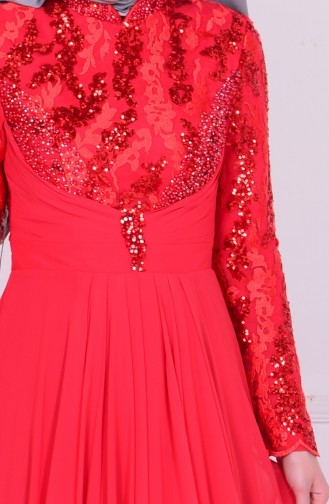 Robe de Soirée Mousseline Bordée de Perles 6202-01 Rouge 6202-01