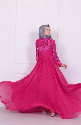 Robe de Soirée Mousseline Bordée de Perles 6202-03 Violet 6202-03