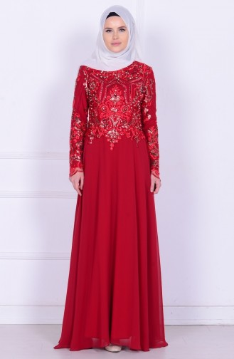 Claret Red Hijab Evening Dress 6212-02