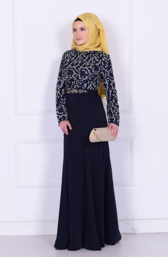 Navy Blue Hijab Evening Dress 6618-01