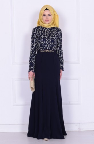 Navy Blue Hijab Evening Dress 6618-01