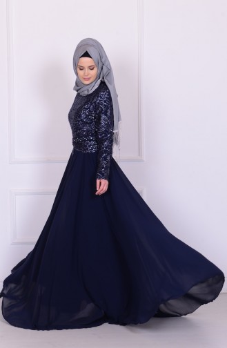 Navy Blue Hijab Evening Dress 6803-02