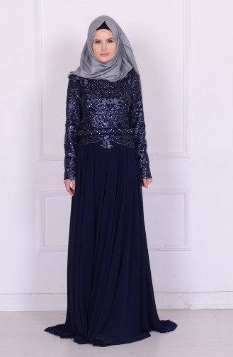 Navy Blue Hijab Evening Dress 6803-02