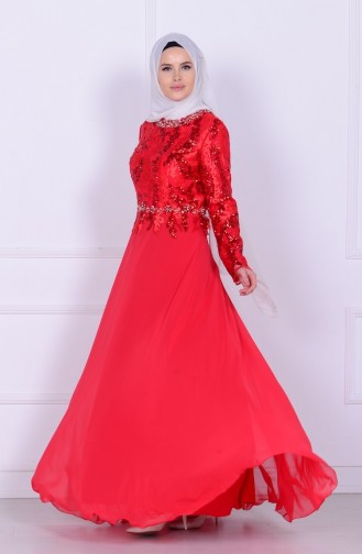 Robe de Soirée Bordée de Paillette Mousseline 6819-01 Rouge 6819-01