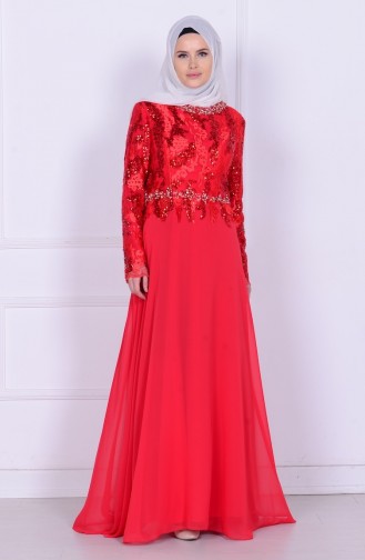 Robe de Soirée Bordée de Paillette Mousseline 6819-01 Rouge 6819-01