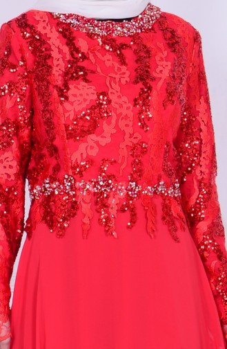 Pul İşlemeli Şifon Abiye Elbise 6819-01 Kırmızı