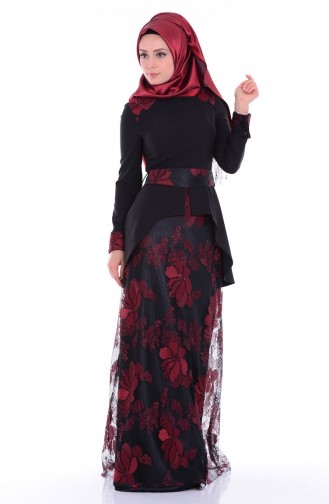 Claret Red Hijab Evening Dress 5702-03