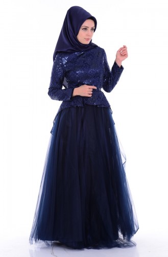 Navy Blue Hijab Evening Dress 6107-03