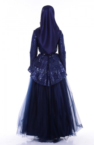 Navy Blue Hijab Evening Dress 6107-03