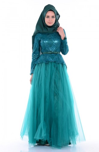 Green Hijab Evening Dress 6107-04