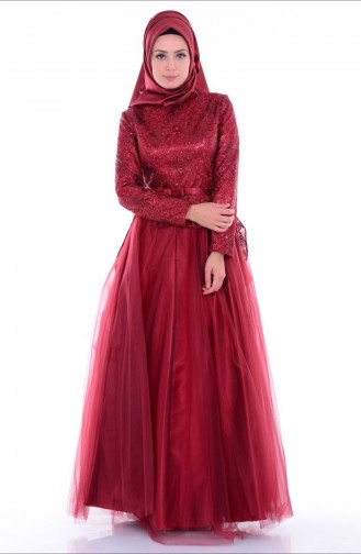 Tül Pullu Abiye Elbise 6107-05 Kırmızı