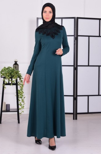 Deri Yaka Detaylı Elbise 4097-03 Zümrüt Yeşil