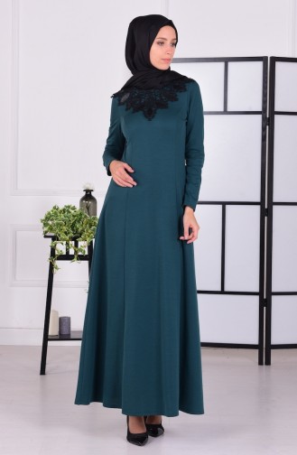 Deri Yaka Detaylı Elbise 4097-03 Zümrüt Yeşil