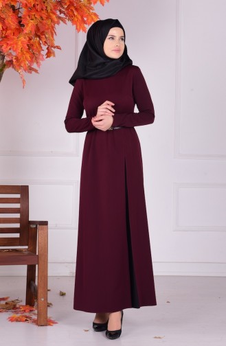 Yan Pileli Elbise 7036-04 Bordo Siyah