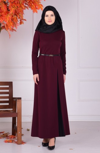 Yan Pileli Elbise 7036-04 Bordo Siyah