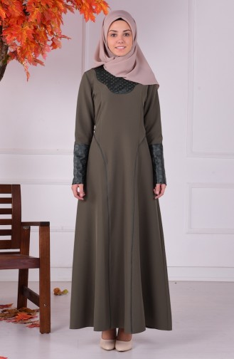 فستان بتفاصيل مميزة لون كاكي  1077-02
