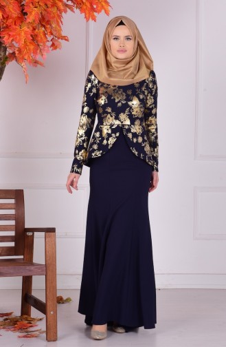 Navy Blue Hijab Evening Dress 1057-01