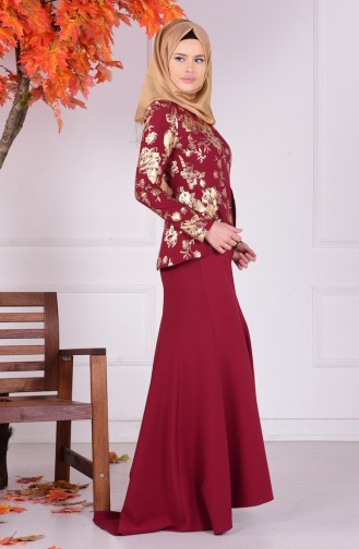 Claret Red Hijab Evening Dress 1057-02